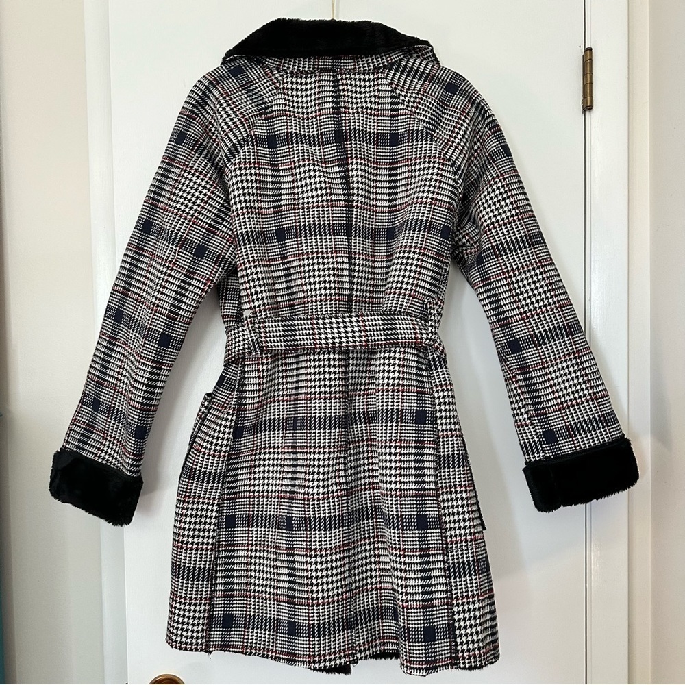 Solitaire Twill Plaid Faux Fur Belted Coat New Womens Large Black White New - Picture 6 of 10